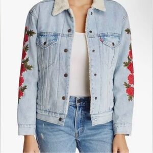 Levi's Women's Light Blue Denim Jacket with Red Floral Embroidery